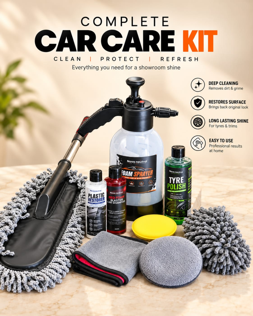 Nova complete car-care kit promotional image showing products and cleaning accessories