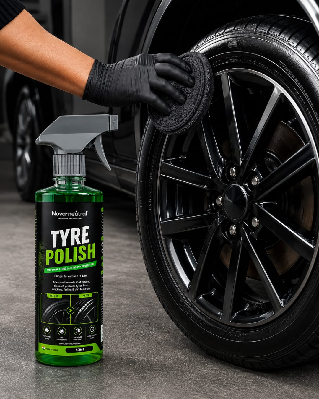 Nova Tyre Polish 500 ml beside a car tyre during application