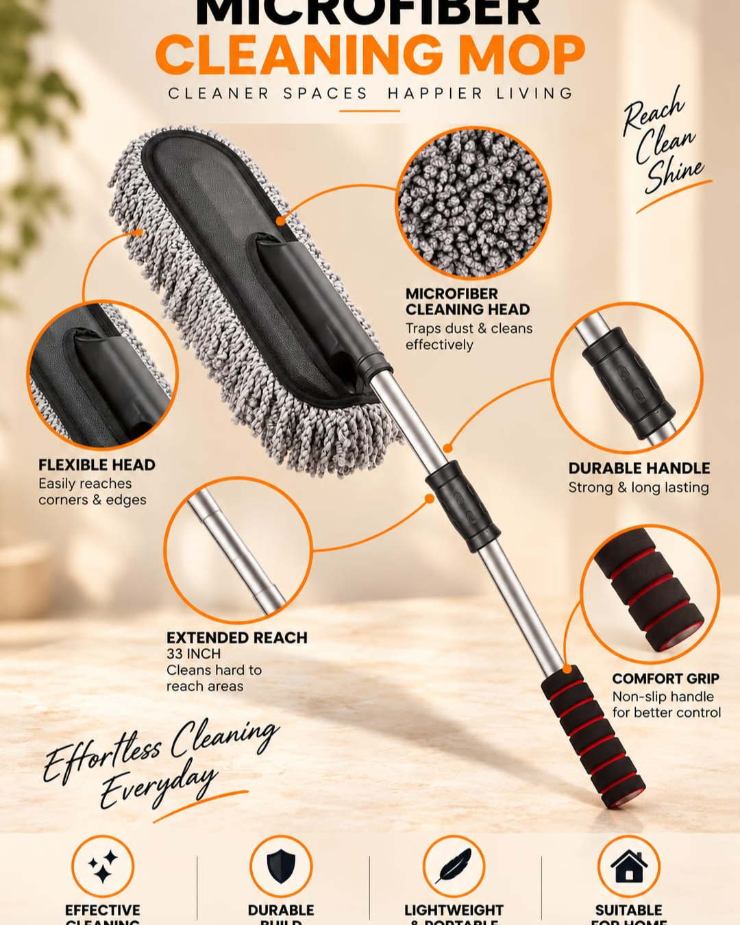 Microfiber cleaning brush features showing cleaning head, handle and grip