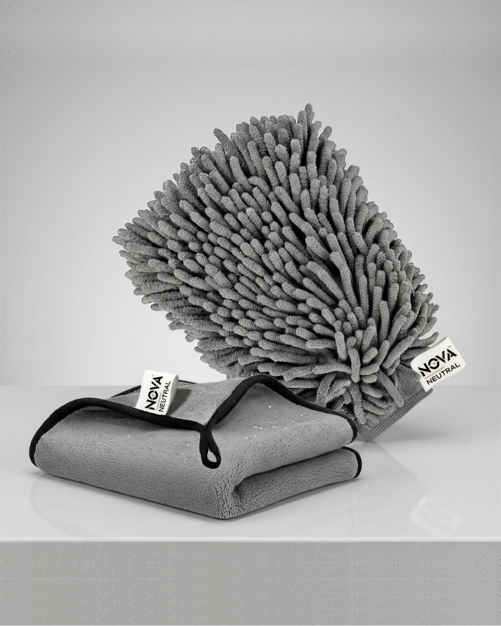 Nova Neutral grey microfiber cleaning glove and folded microfiber cloth
