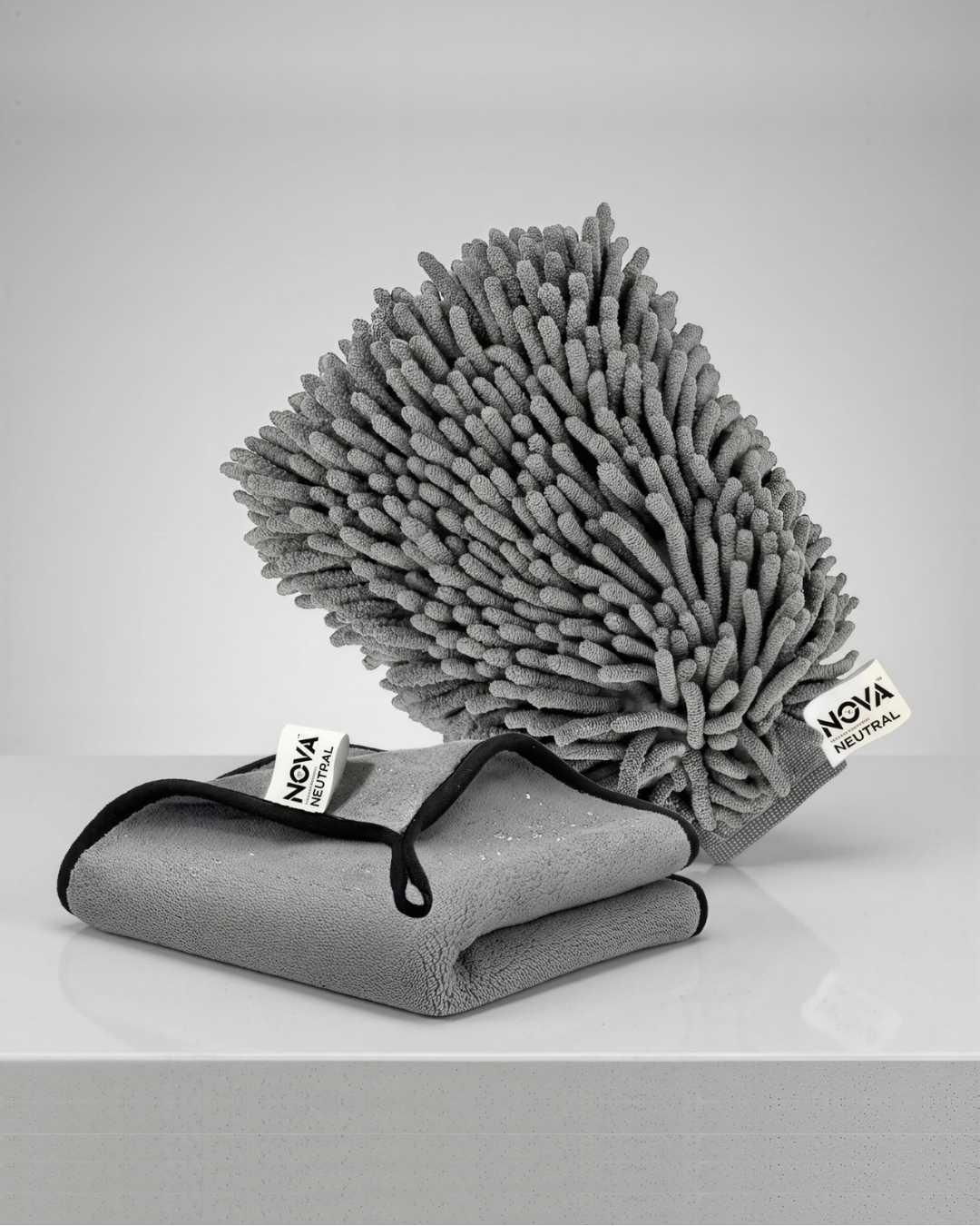 Nova Neutral grey microfiber cleaning glove and folded microfiber cloth