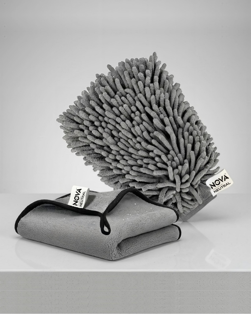 Nova Neutral grey microfiber cleaning glove and folded microfiber cloth