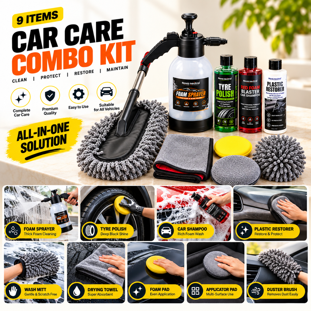 Nova Neutral 9-Piece Car Care Combo Kit – Foam Sprayer, Tyre Polish, Car Shampoo, Plastic Restorer & Premium Microfiber Cleaning Accessories