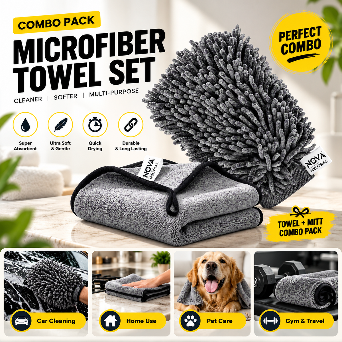 Nova Neutral Microfiber Cleaning Combo – Premium Microfiber Duster Mitt & Cleaning Cloth Set for Home, Car & Multi-Surface Cleaning