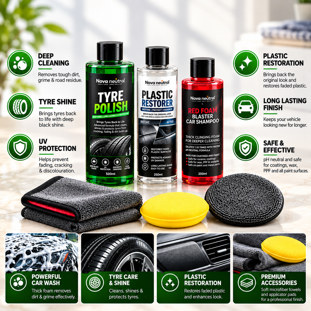 Nova Neutral Complete Car Care Combo – Tyre Polish, Plastic Restorer & Red Foam Blaster Car Shampoo