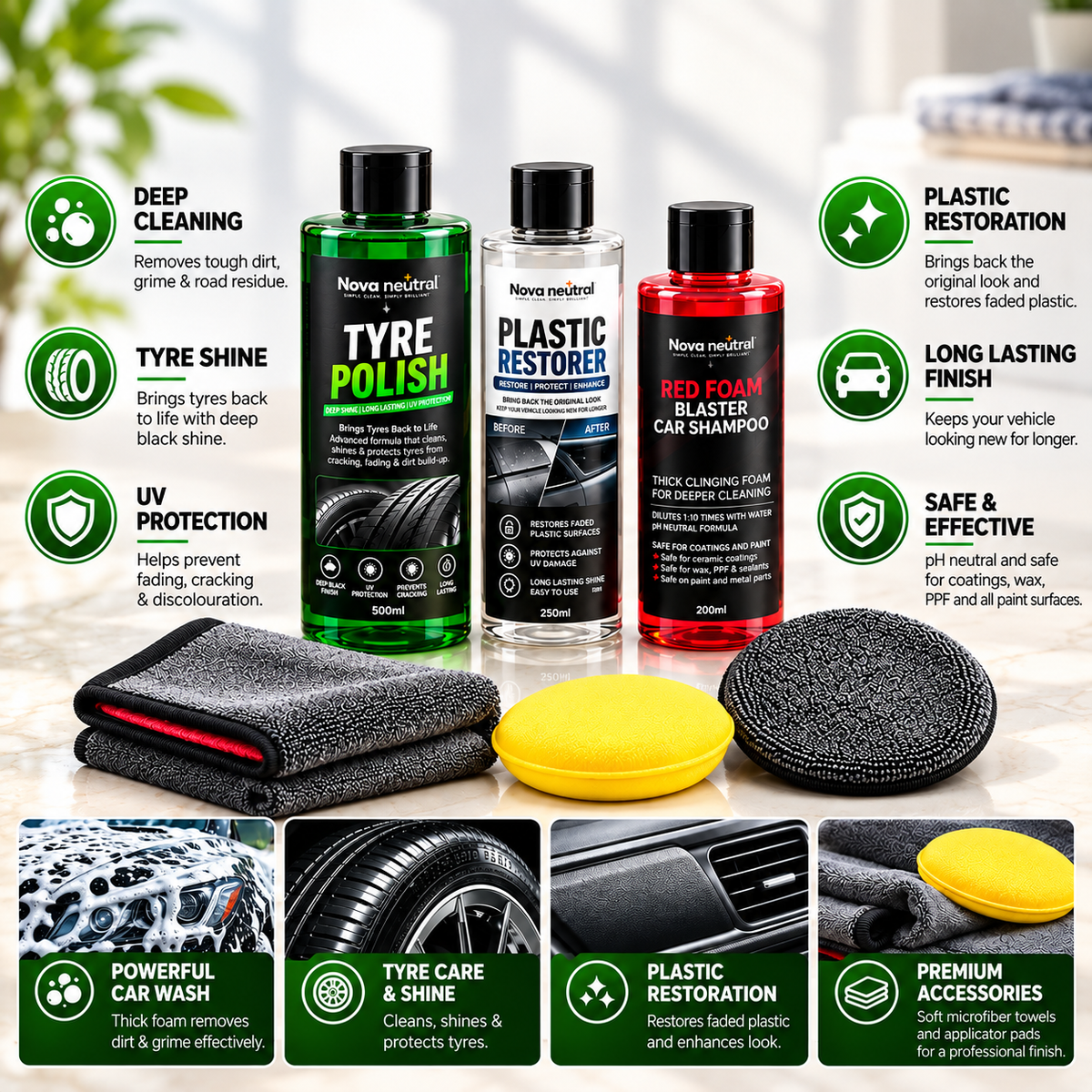 Nova Neutral Complete Car Care Combo – Tyre Polish, Plastic Restorer & Red Foam Blaster Car Shampoo