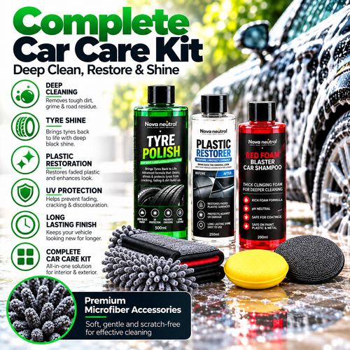 Nova Neutral Complete Car Care Combo – Tyre Polish, Plastic Restorer & Red Foam Blaster Car Shampoo