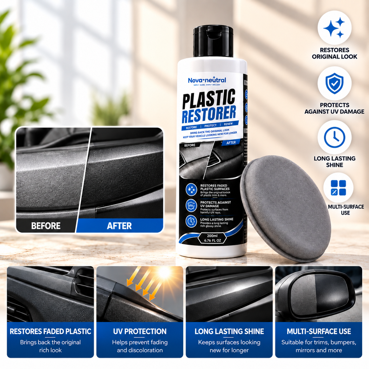 Nova Neutral Plastic Restorer – UV Protection & Long-Lasting Shine for Automotive Plastic Surfaces