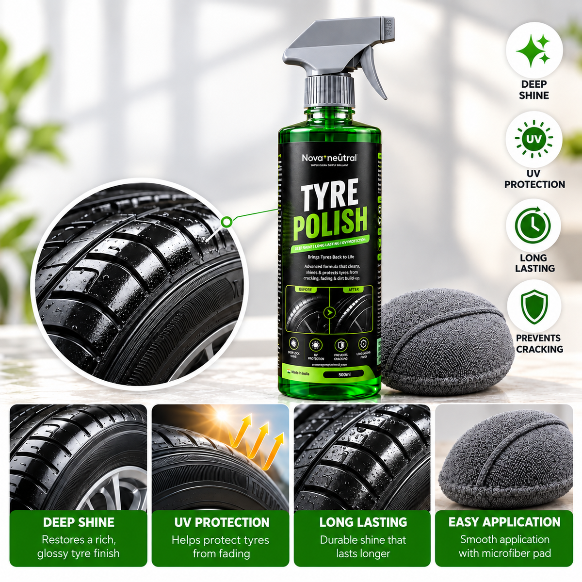 Nova Neutral Tyre Polish – 500 ml | Deep Black Shine, UV Protection & Long-Lasting Tyre Care