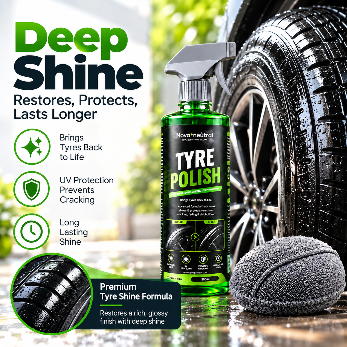Nova Neutral Tyre Polish – 500 ml | Deep Black Shine, UV Protection & Long-Lasting Tyre Care