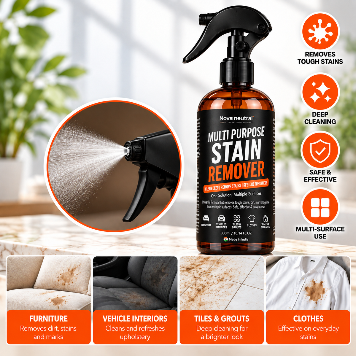 Nova Neutral Multi-Purpose Stain Remover Spray – 300 ml | Tough Stain Removal &amp; Deep Cleaning for Multiple Surfaces
