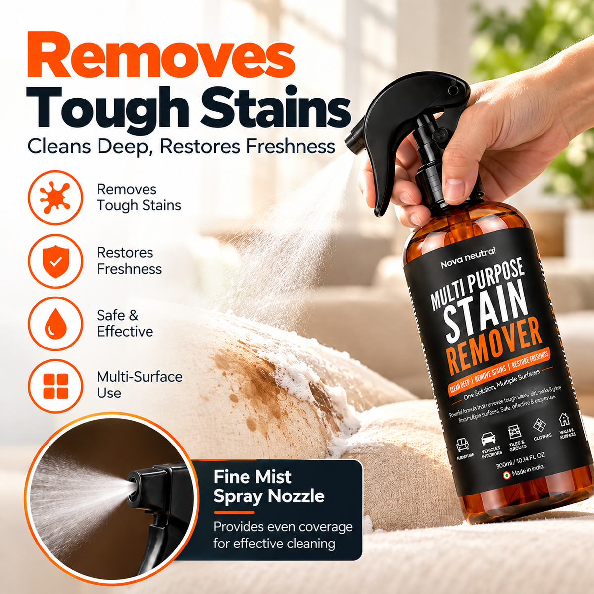 Nova Neutral Multi-Purpose Stain Remover Spray – 300 ml | Tough Stain Removal &amp; Deep Cleaning for Multiple Surfaces