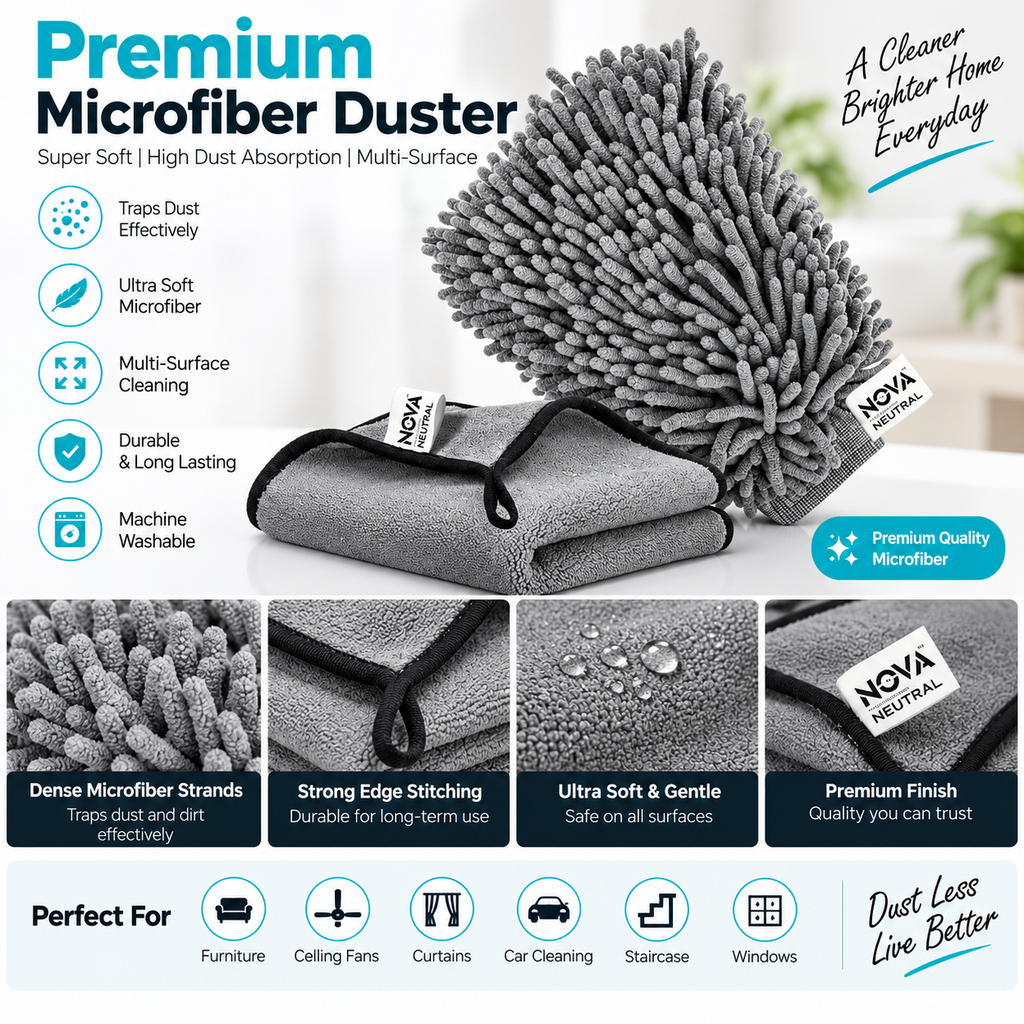 Nova Neutral Microfiber Cleaning Combo – Premium Microfiber Duster Mitt & Cleaning Cloth Set for Home, Car & Multi-Surface Cleaning