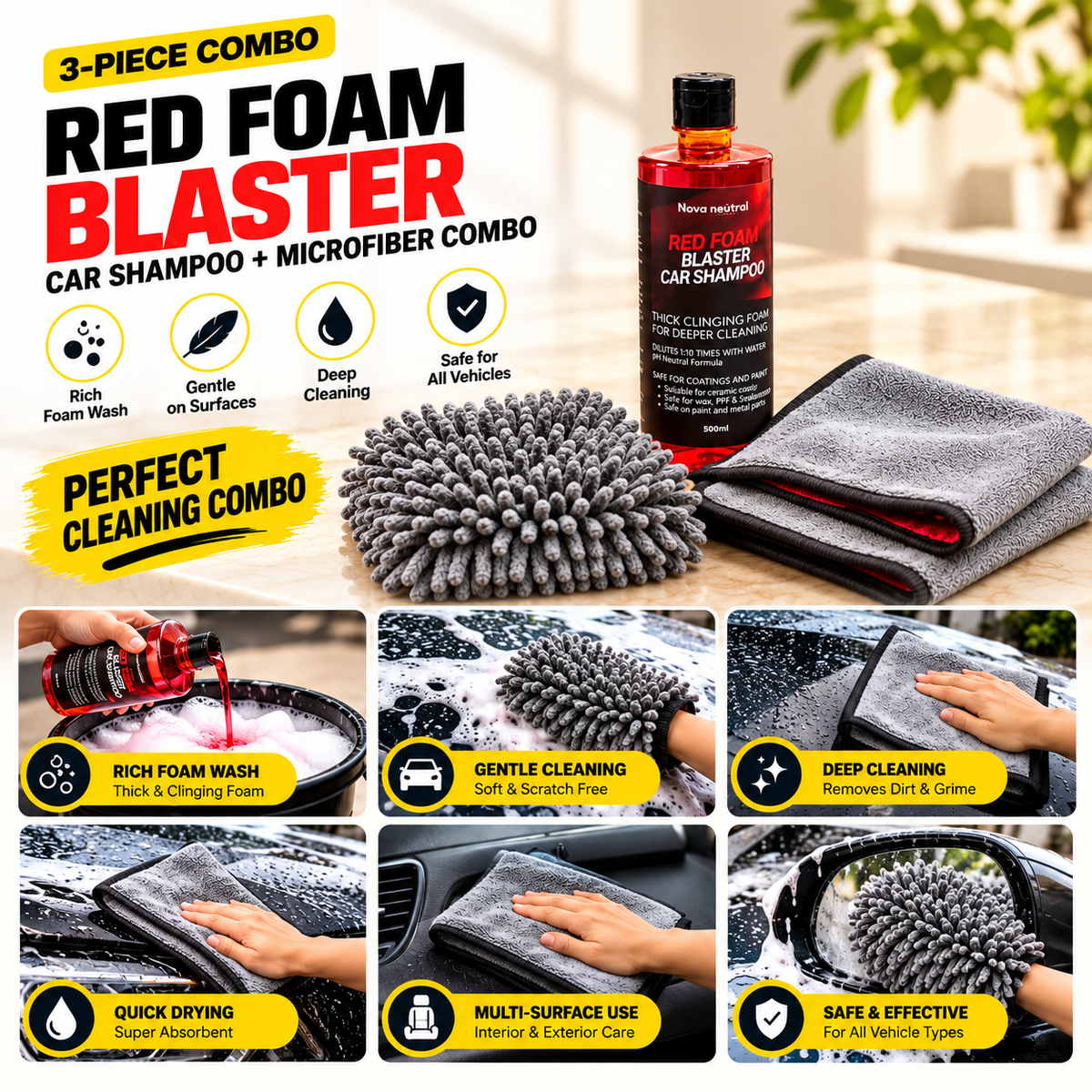 Nova Neutral Red Foam Blaster Car Shampoo 500 ml Combo – Premium Microfiber Cleaning Mitt & Cloth for Deep Car Wash