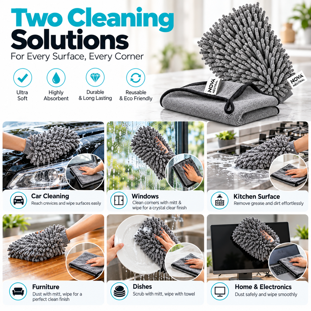 Nova Neutral Microfiber Cleaning Combo – Premium Microfiber Duster Mitt & Cleaning Cloth Set for Home, Car & Multi-Surface Cleaning